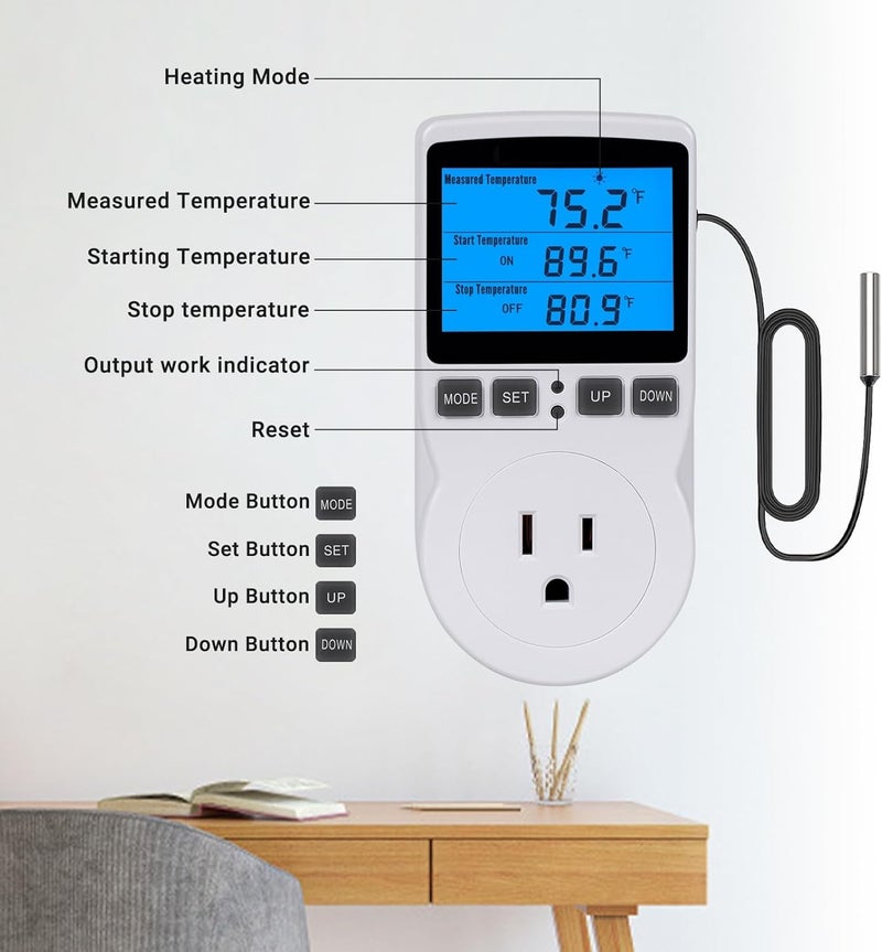 INKBIRDPLUS Plug in Thermostat Temperature Controlled Outlet Digital Thermostat Outlet Heating Cooling Control Timer 1800W 110V 15A Backlit Display (TC/Timer) - Image 5